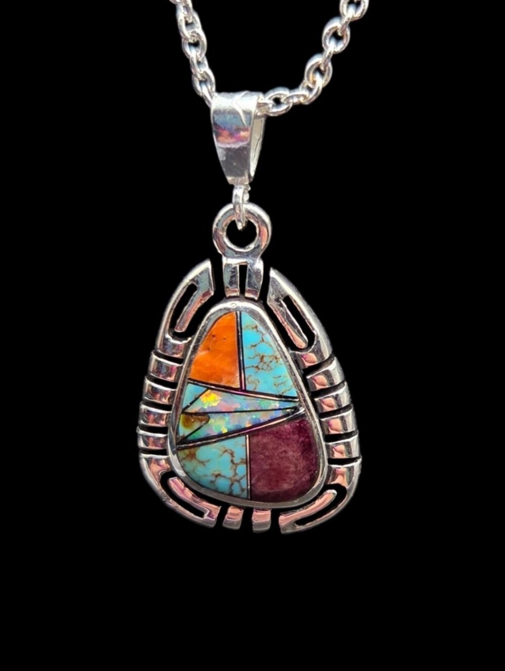 Sterling Silver Multistone Inlay Pendant Necklace - Turquoise, Orange & Burgundy